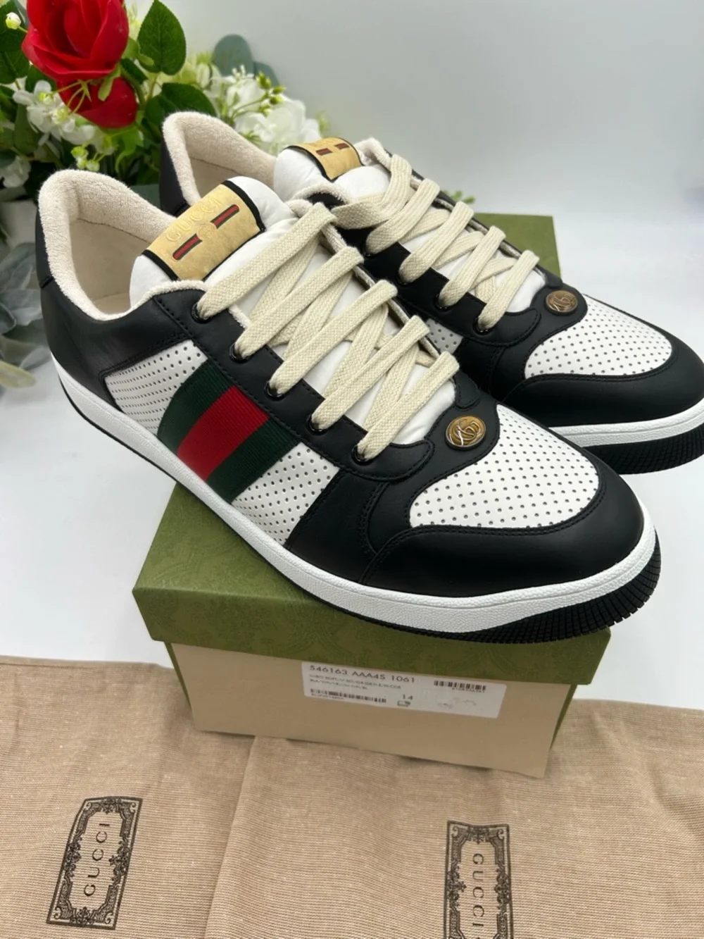 Men's Gucci screener low top leather black/white sneakers size 14 made in Italy